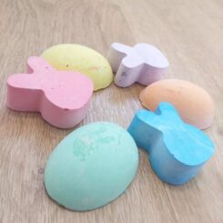 Picture shows chalks in the shape of an egg ana bunny