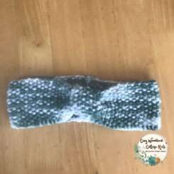 a teenagers hand knitted forest bow headband