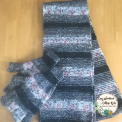 a hand knitted set of striped fingerless gloves and scarf
