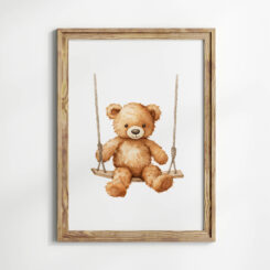 Embark on a heartwarming journey with “Teddy’s Swing Adventure” – a whimsical kids’ wall print that brings joy to any space! This enchanting artwork features an adorable teddy bear enjoying a swing, radiating comfort and playfulness.