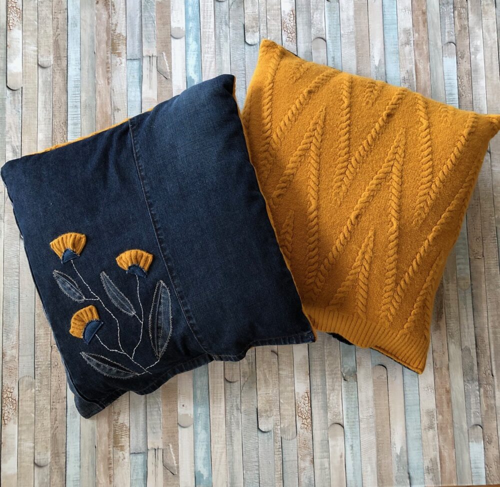 handmade cushion, front denim with floral, back wool