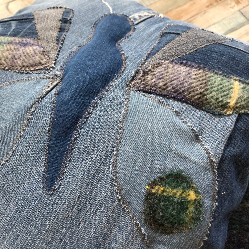 Denim/Wool Cushion Butterfly detail close up