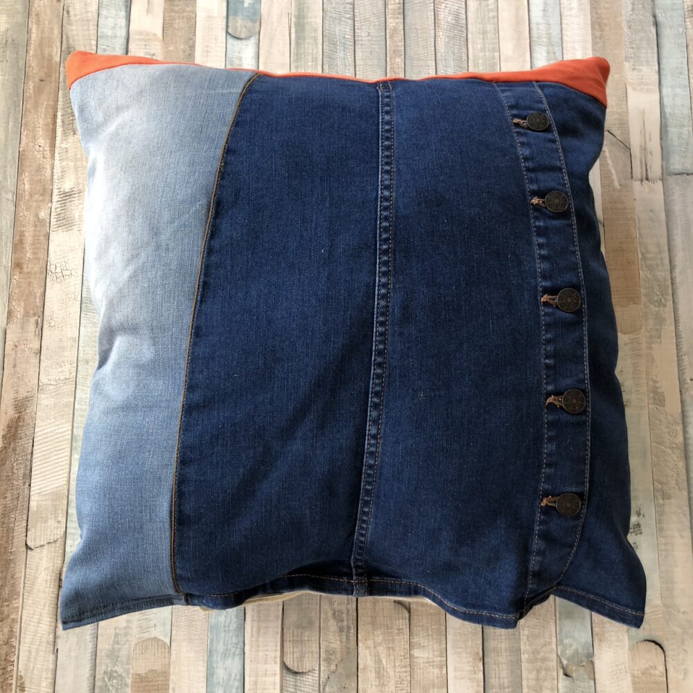 back of handmade cushion made from pre-loved denim (jeans)