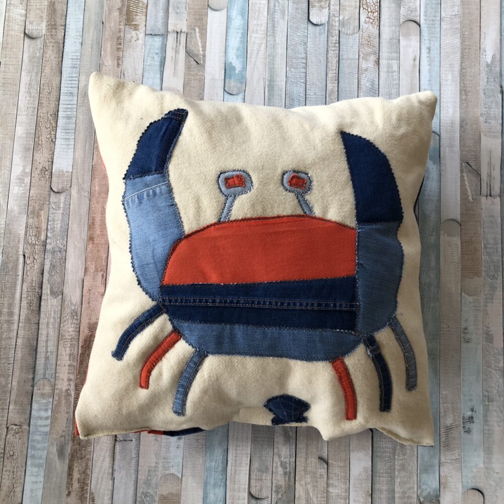 Denim-Wool Cushion with Crab Motif