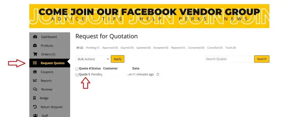 vendor view in dashboard of quote request