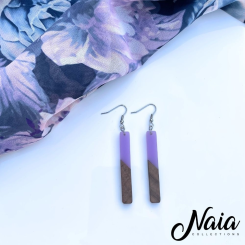Wood and purple resin dangle earrings