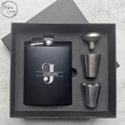 Personalised Split Monogram 7oz Hip Flask Gift Box Set
