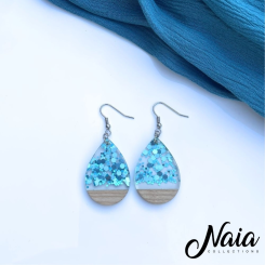 Sparkling blue resin and wood dangle earrings