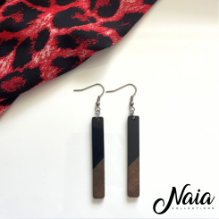Wood and black resin dangle earrings