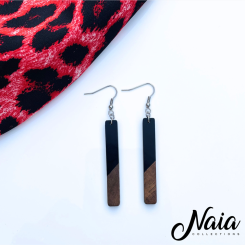 Wood and black resin dangle earrings