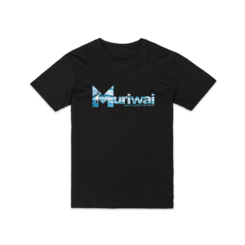 Black Muriwai t-shirt with gannet photograph embedded in place name lettering
