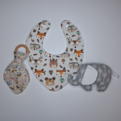 Handmade elephant baby rattle, bib and teether, by Edens Elephants