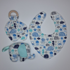 Handmade elephant baby rattle, bib and teether in sea life, by Edens Elephants