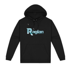 Black raglan hoodie with Raglan surf photograph embedded in place name lettering