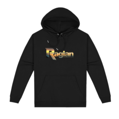 Black raglan hoodie with New Zealand sunset landscape design in place name lettering