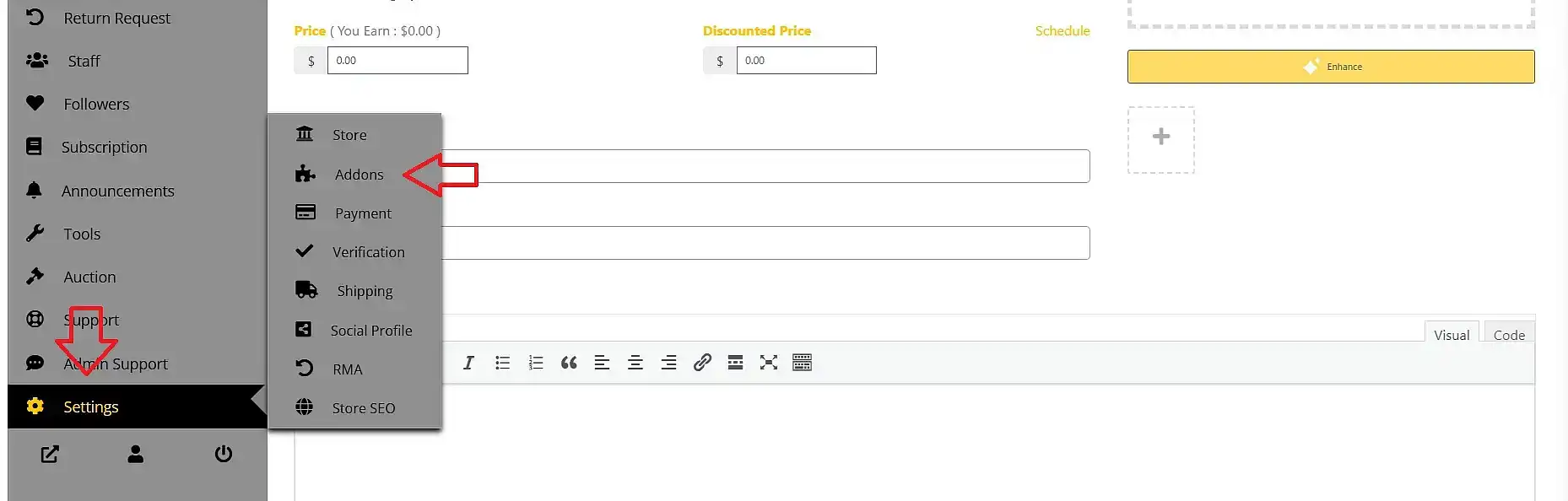 to have addons to a group of listings got to vendor dashboard then settings and then addons
