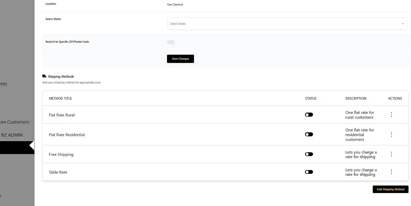 all the set up shipping methods in a list
