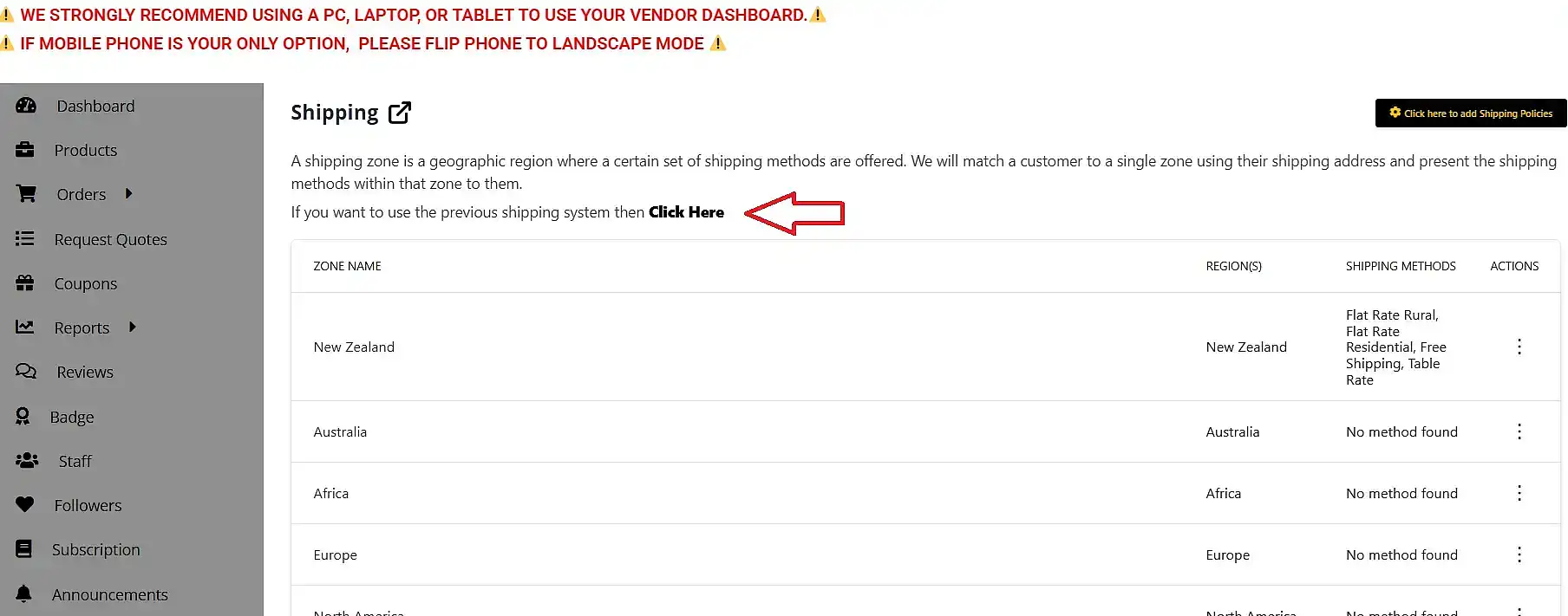 where to click to add info to shipping tab on products
