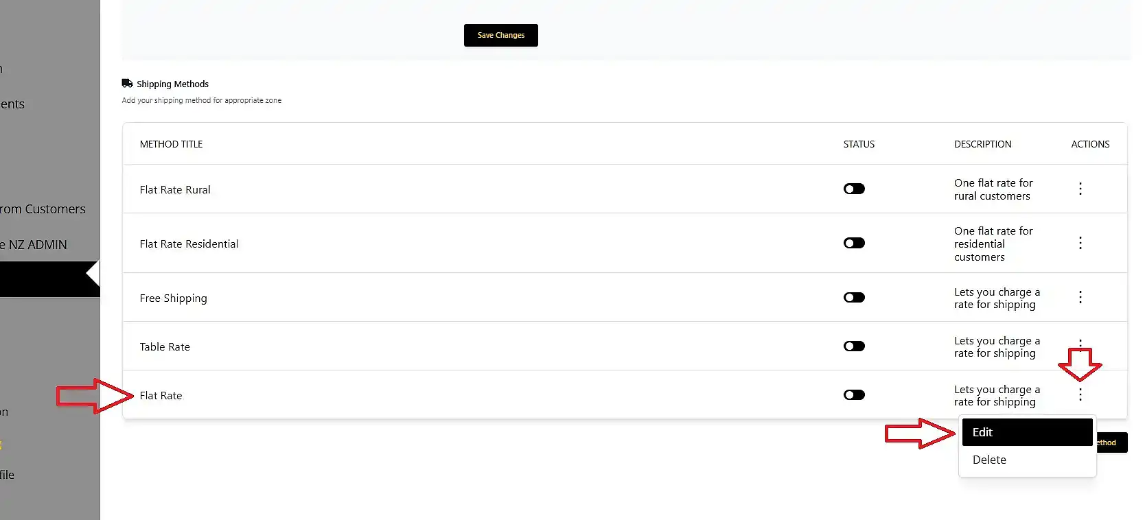 where to click when you want to edit a shipping method