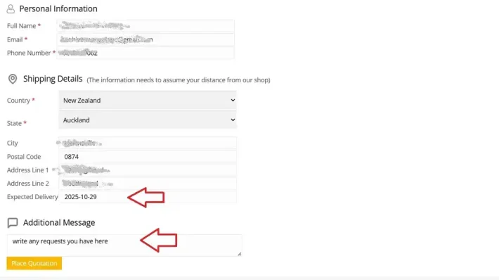 buyer send quote set delivery date and message on wholesale order