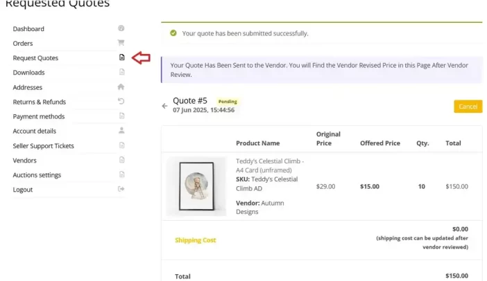 buyer sent wholesale quote waiting for vendor