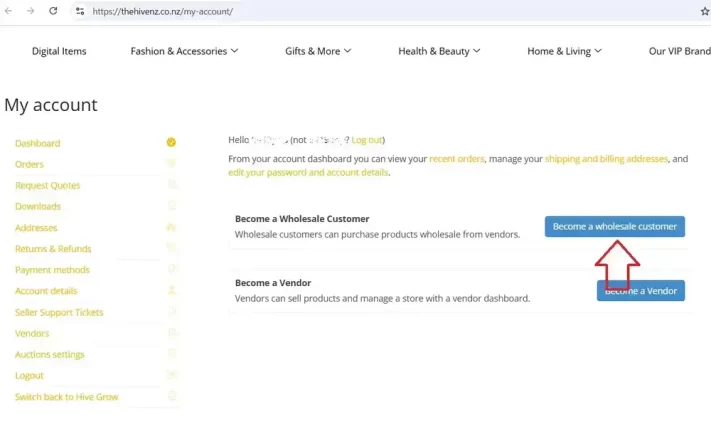 customer dashboard on the hive nz marketplace_ button to become a wholesale buyer